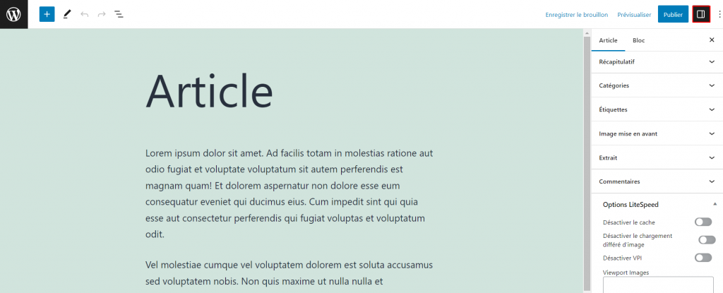 Interface de WordPress Gutenberg avec le bouton Réglages en surbrillance.