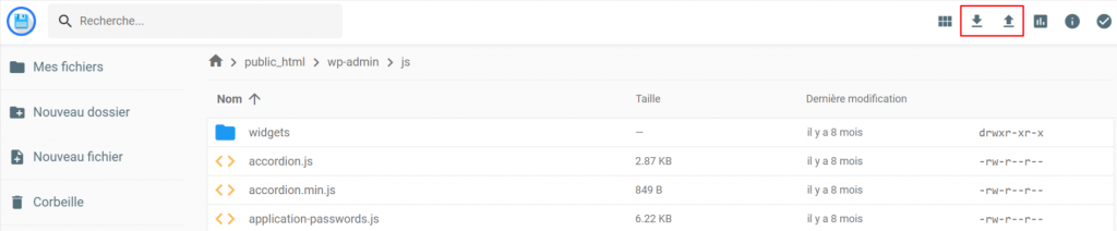 Emplacement des boutons Télécharger et Importer dans le Gestionnaire de fichiers Hostinger