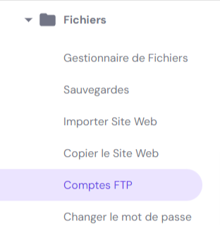 Une capture d'écran de hPanel montrant où trouver Comptes FTP.