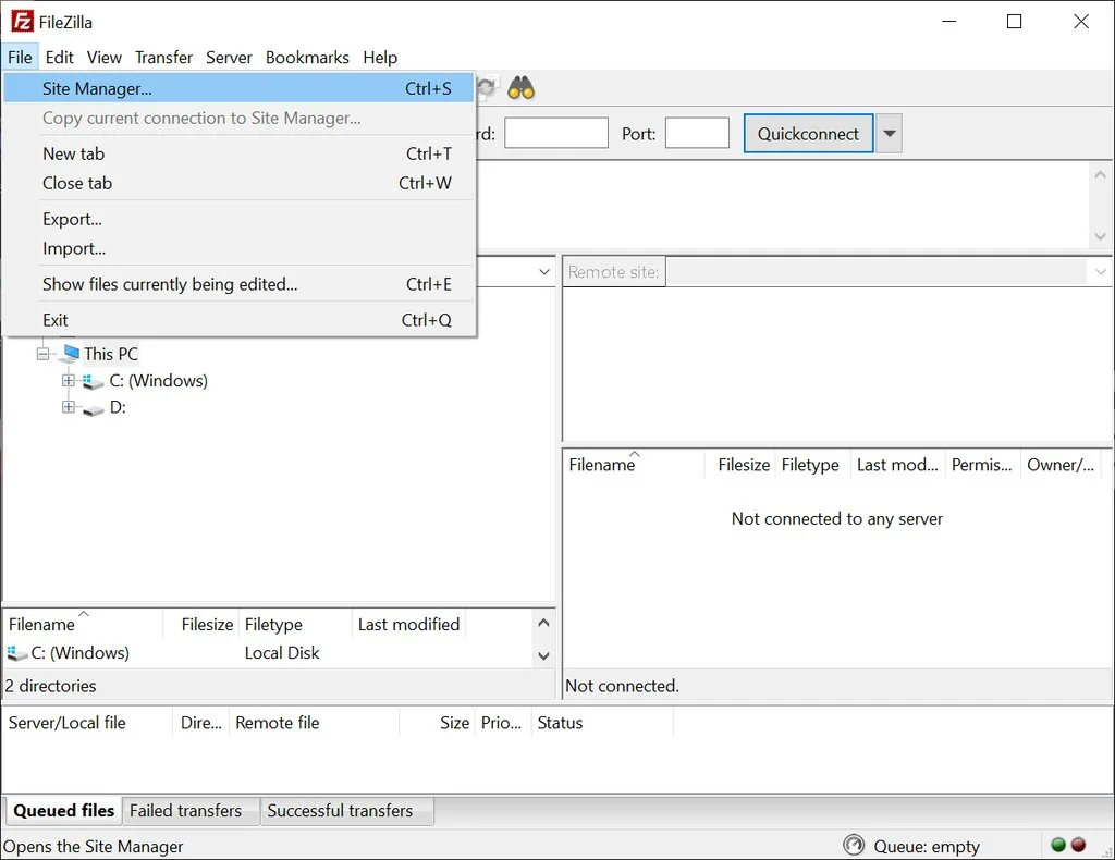 Capture d'écran de FileZilla montrant où se trouve le gestionnaire de sites.