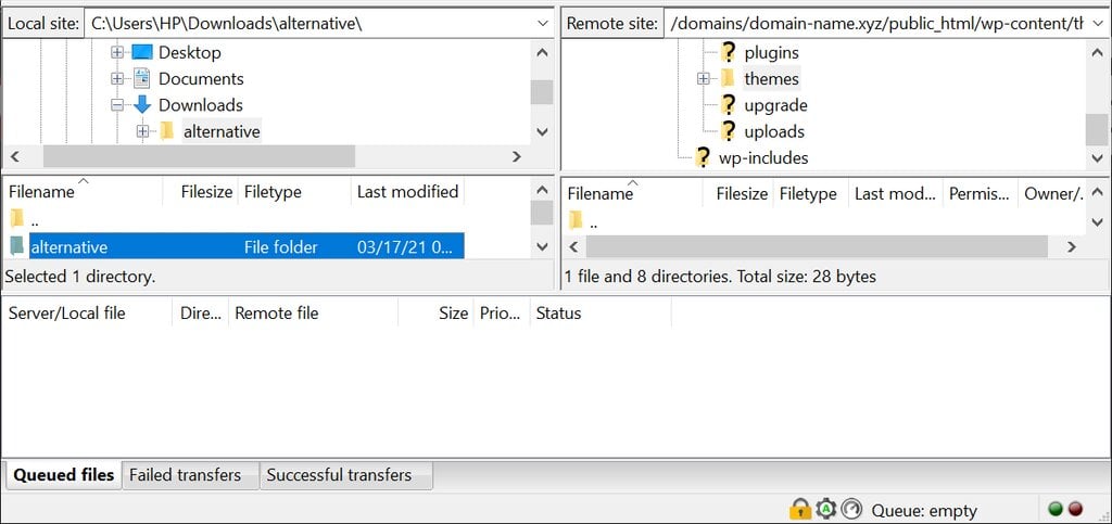 Une capture d'écran de FileZilla montrant où trouver le thème WordPress Alternative.