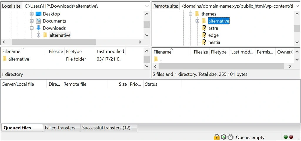 capture d'écran de FileZilla montrant le dossier du thème Alternative dans le dossier themes.