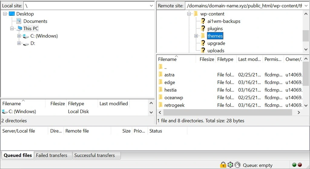 Capture d'écran de FileZilla montrant où trouver la liste des thèmes WordPress installés.
