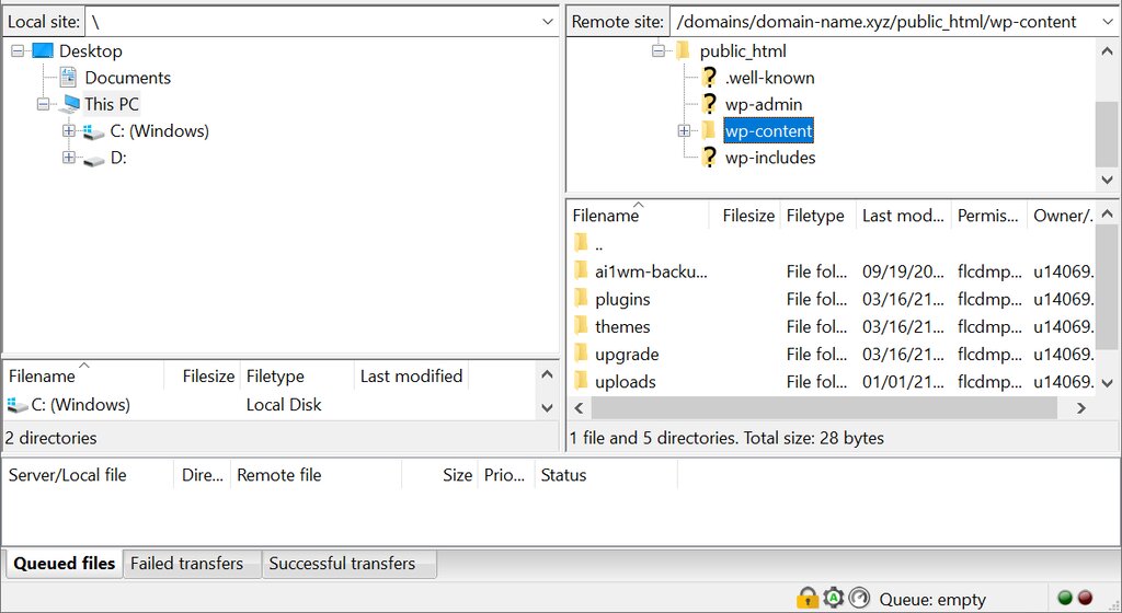 capture d'écran de FileZilla montrant où trouver le wp-content.