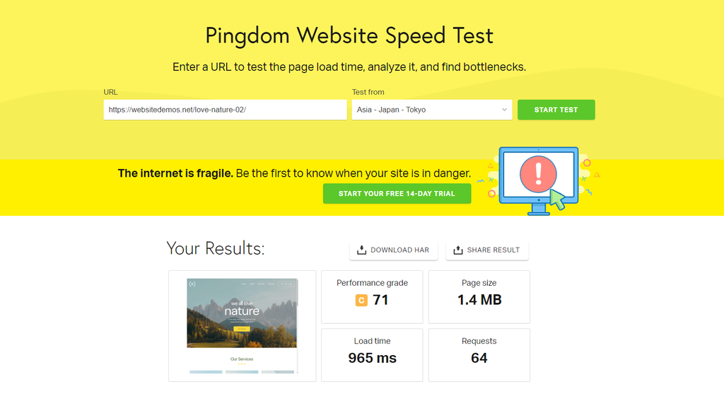 Outil de test de vitesse Pingdom pour vérifier les performances d'un site de démonstration, la taille de la page, le temps de chargement et le nombre de requêtes
