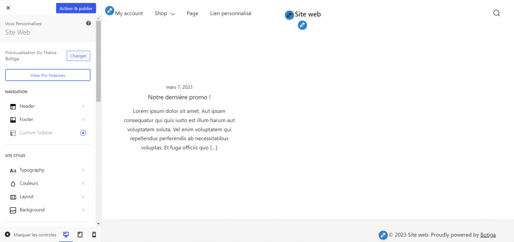WordPress Theme Customizer contenant un thèmes design caractéristiques sur la barre latérale gauche et un aperçu du site web sur le côté droit