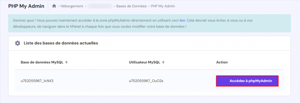 La page phpMyAdmin sur hPanel. Le bouton Accédez à phpMyAdmin est en surbrillance