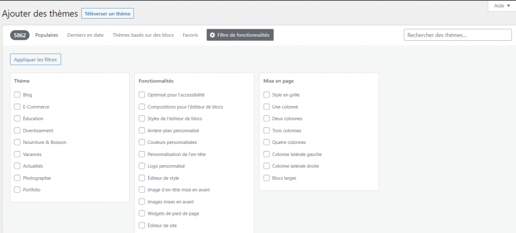 La fonction de filtre de fonctionnalités pour vous aider à choisir un thème WordPress.