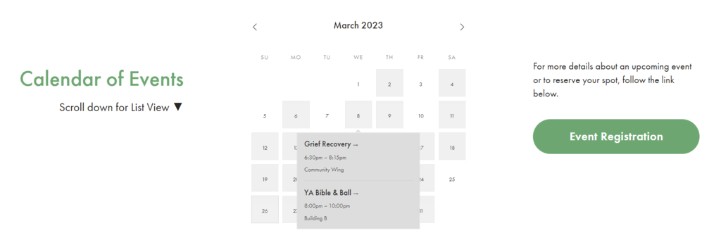Page du calendrier des événements sur le site web de l'église Sanctuaire