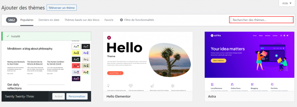 L'option Rechercher des thèmes permet de trouver le thème WordPress souhaité. 