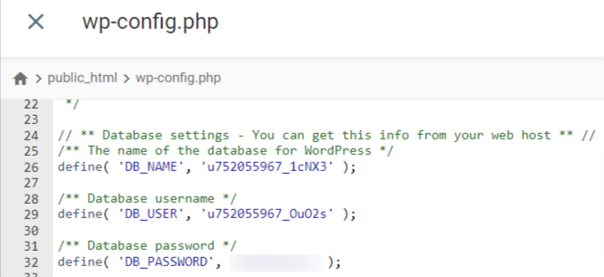 Une capture d'écran de l'écran de modification du fichier wp-config.php montrant les lignes à enregistrer pour plus tard.