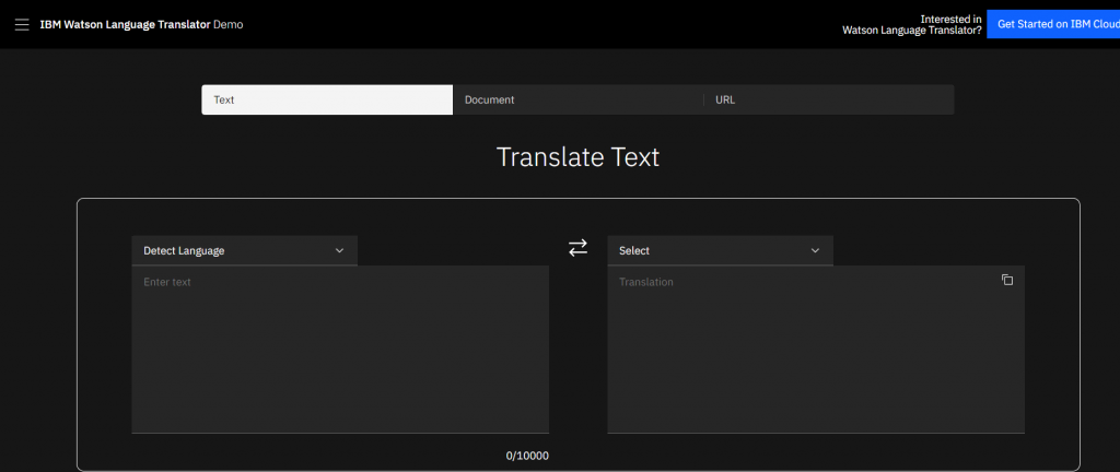 page demo de IBM language translator