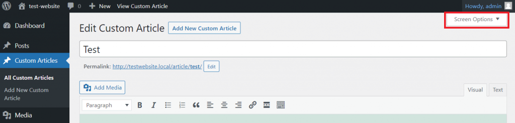 Le menu Screen Option dans l'écran d'édition d'un article WordPress