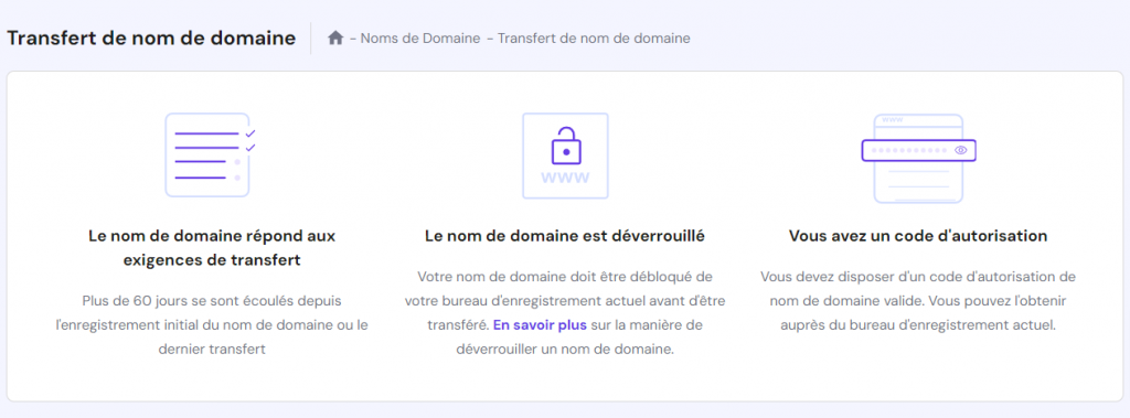 écran de transfer de domaine sur hpanel de hostinger