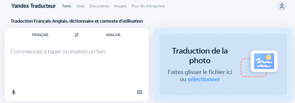 page d'accueil du traducteur de yandex