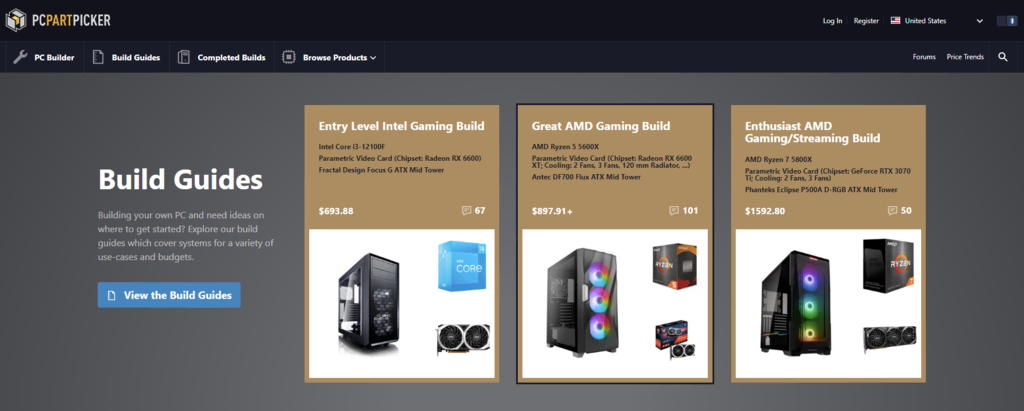 La page d'accueil de PC Part Picker, un site de construction d'ordinateurs.