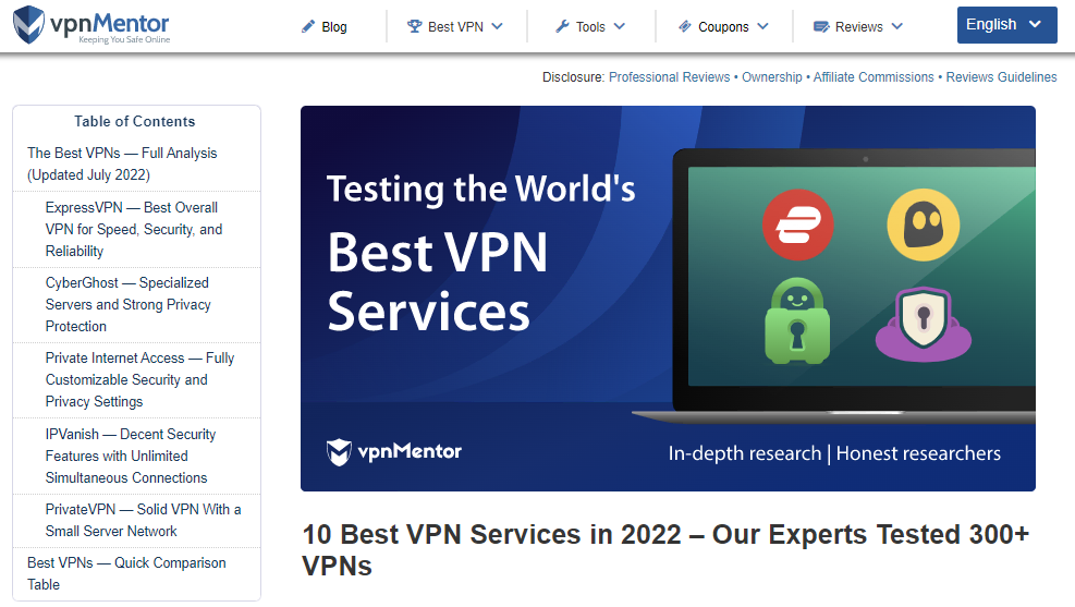 La page d'accueil de VPN Mentor, un site de comparaison de VPN.