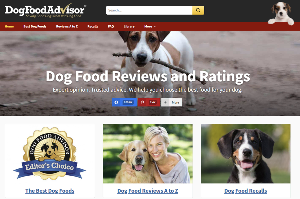 La page d'accueil de Dog Food Advisor, un site de marketing d'affiliation spécialisé dans les aliments pour chiens.