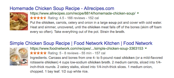 Exemples de balisage Schema dans le SERP de "homemade chicken soup recipe" (recette de soupe de poulet maison)