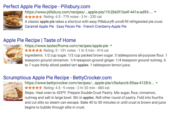 Exemple de balisage Schema pour le mot-clé "apple pie recipe" (recette de tarte aux pommes)
