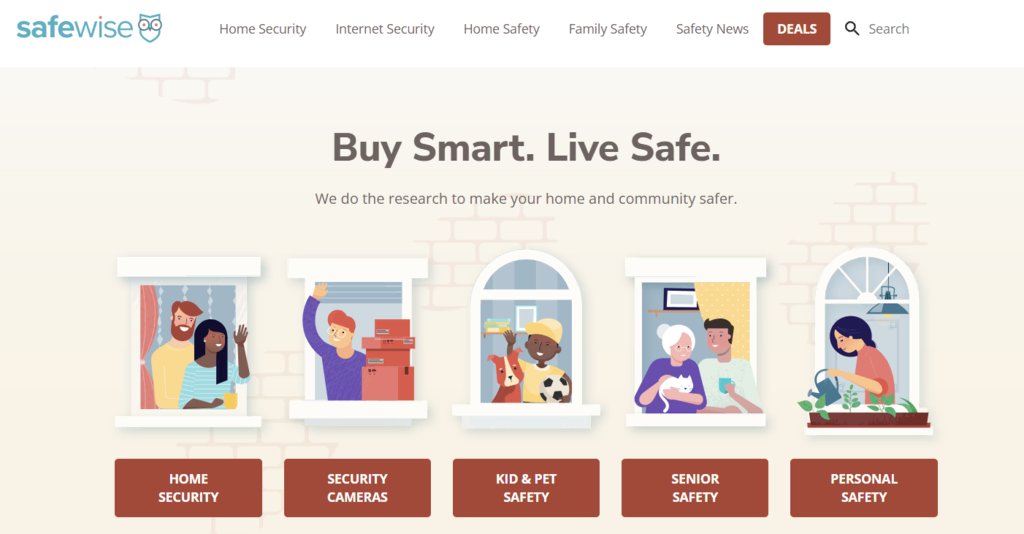 La page d'accueil de SafeWise, un site d'évaluation spécialisé dans la domotique et la sécurité.