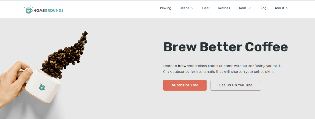 La page d'accueil de Home Grounds, un site de préparation de café à la maison.