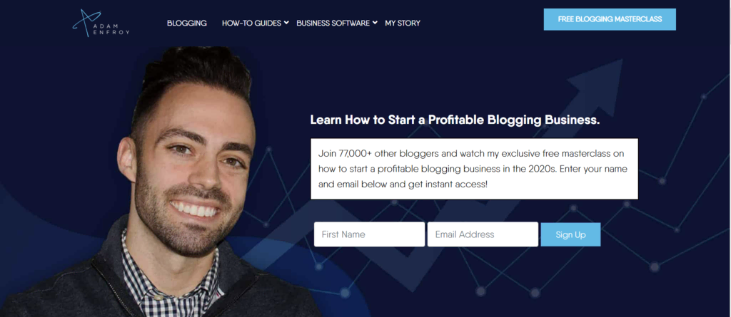 Page d'accueil d'Adam Menfroy, blogueur et spécialiste du marketing d'affiliation.