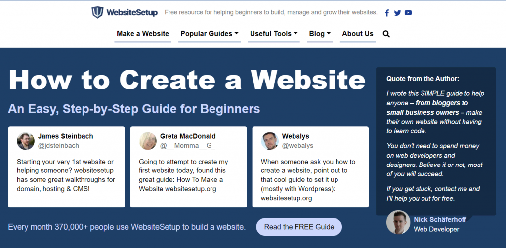 La page d'accueil de Website Setup, un fournisseur de tutoriels pour la création de sites web.