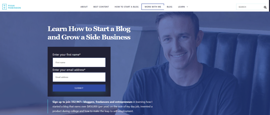La page d'accueil de Ryan Robinson, expert en blogs et spécialiste du marketing d'affiliation