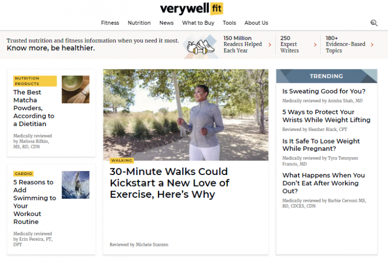 Page d'accueil de Verywell Fit, un site d'information sur le fitness.