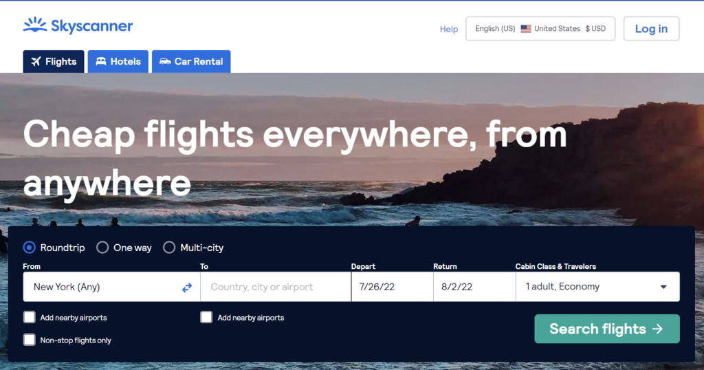 La page d'accueil de Skyscanner, un site de comparaison de vols