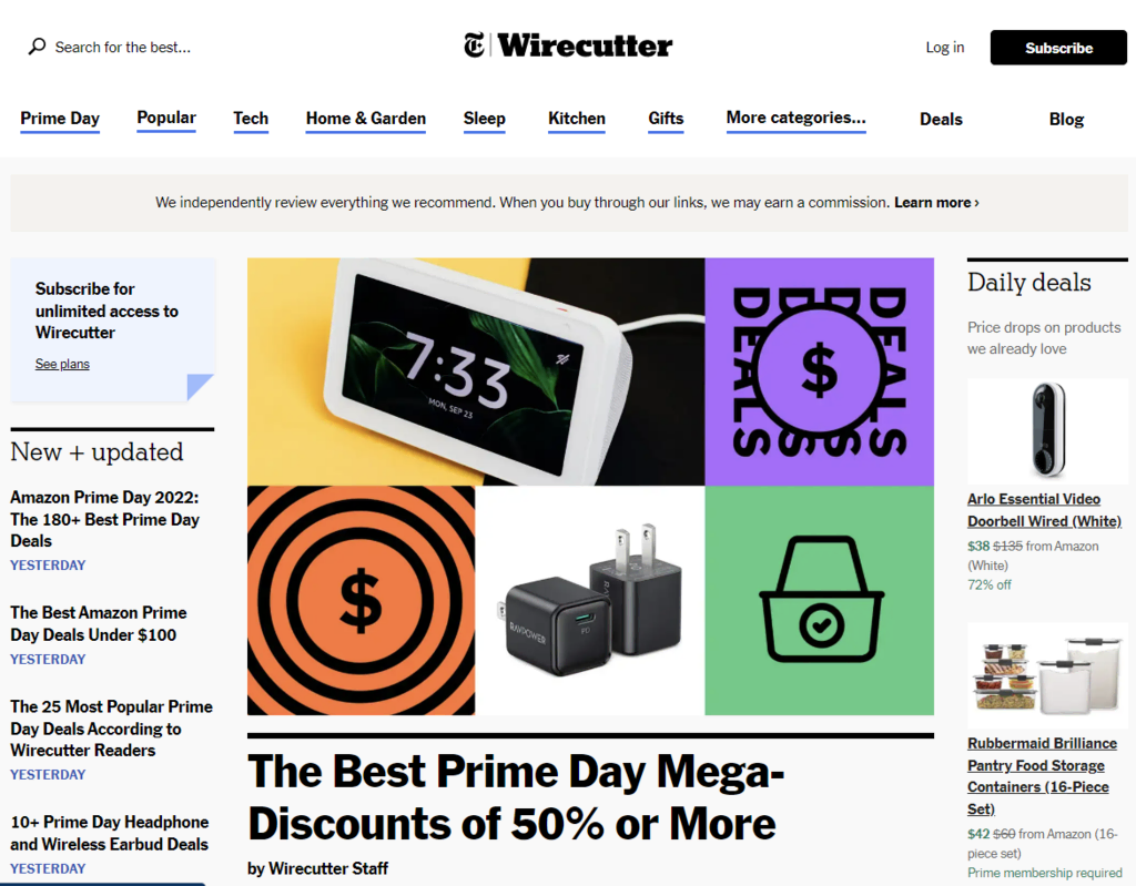 La page d'accueil de Wirecutter, un site affilié au New York Times.