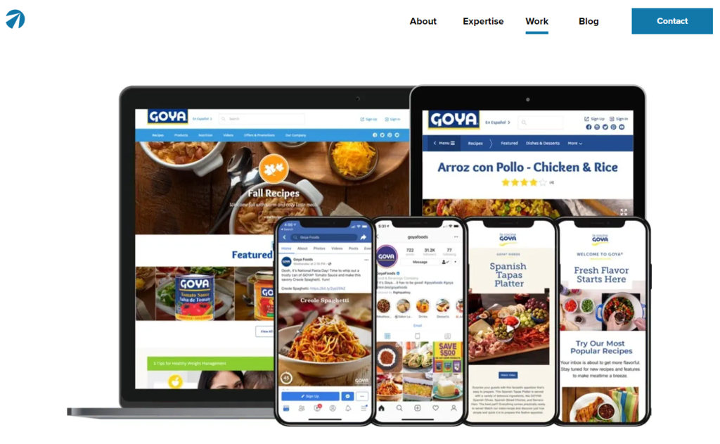 Aperçu du site web de Goya Food, conçu par FlightPath pour répondre aux besoins des utilisateurs de téléphones portables.