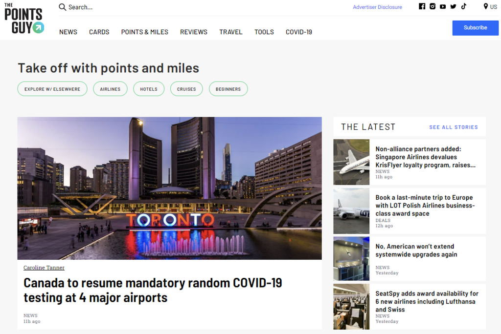 La page d'accueil de The Points Guy, un site de voyage à points et à miles.