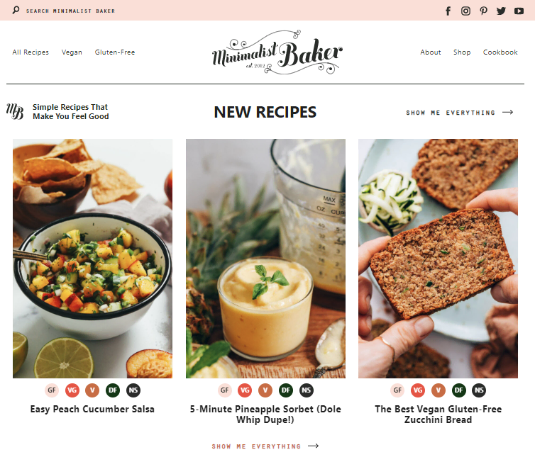 La page d'accueil de Minimalist Baker, un fournisseur de recettes à base de plantes et sans gluten.
