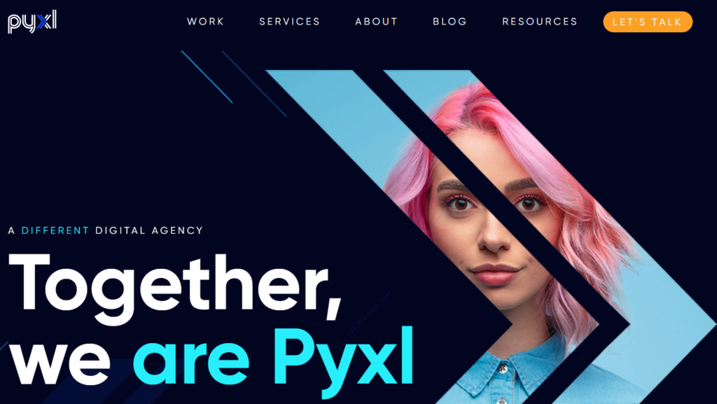 La page d'accueil de Pyxl, l'une des meilleures agences numériques à service complet