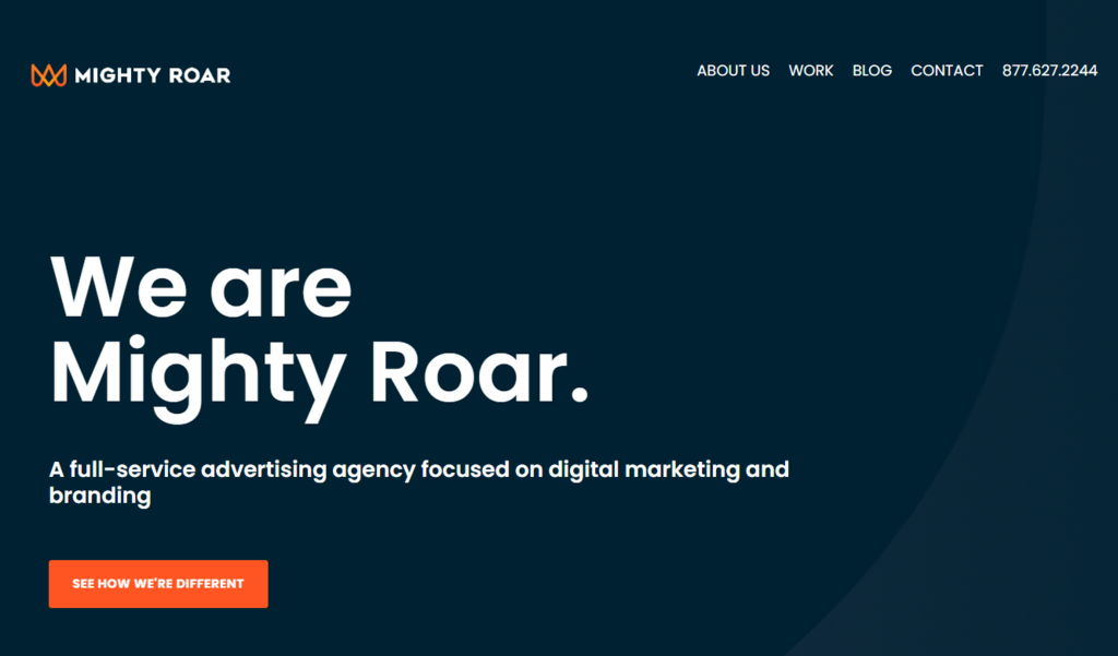 La page d'accueil de Mighty Roar, l'une des meilleures sociétés de conception de sites web à service complet.