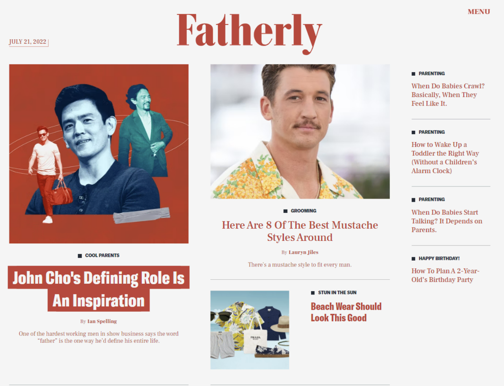 Page d'accueil de Fatherly, un magazine en ligne destiné aux papas du millénaire et aux jeunes adultes.