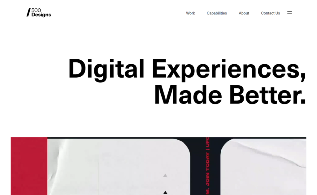 500 Designs, une agence UI/UX, de branding et de design numérique, page d'accueil