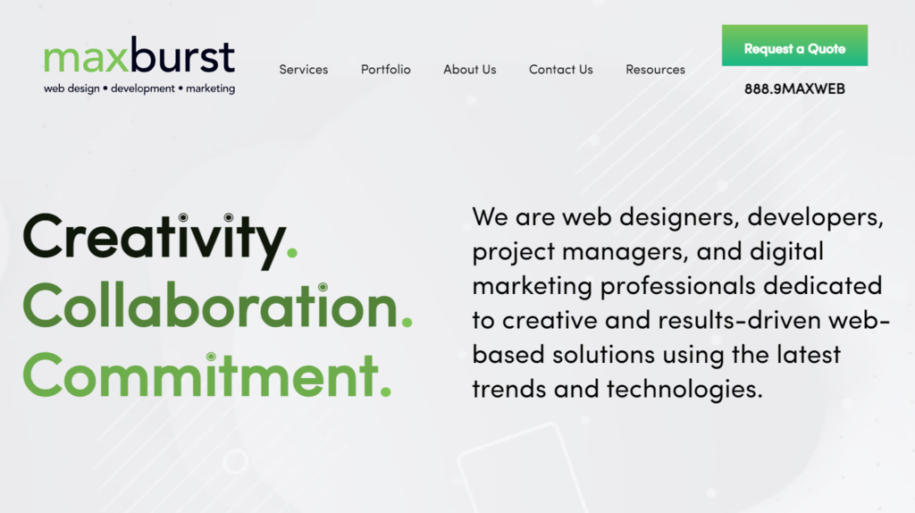 Page d'accueil de Maxburst, une agence de conception à service complet