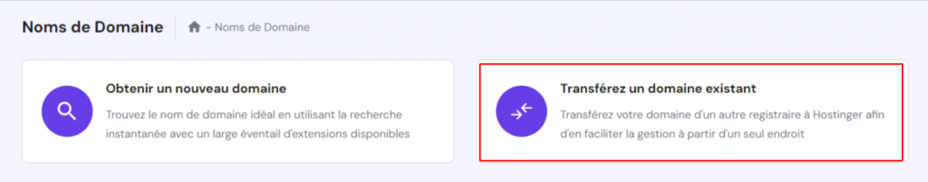 capture d'écran hpanel hosinger montrant le bouton de transfert de domaines