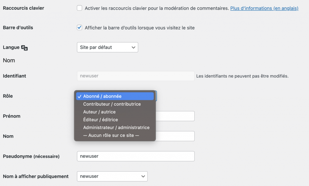 Réglages des rôles dans le tableau de bord de WordPress