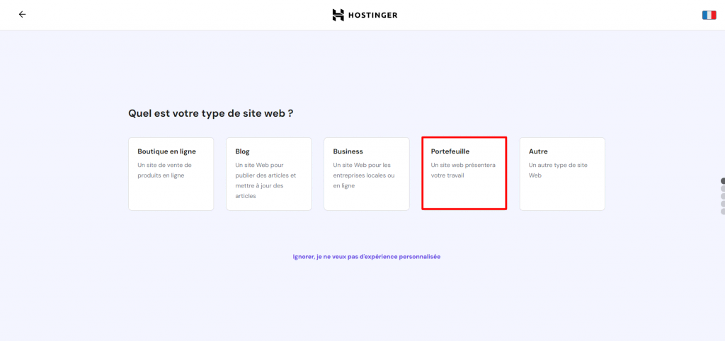 L'assistant de configuration du site web Hostinger met en évidence l'option Portefeuille