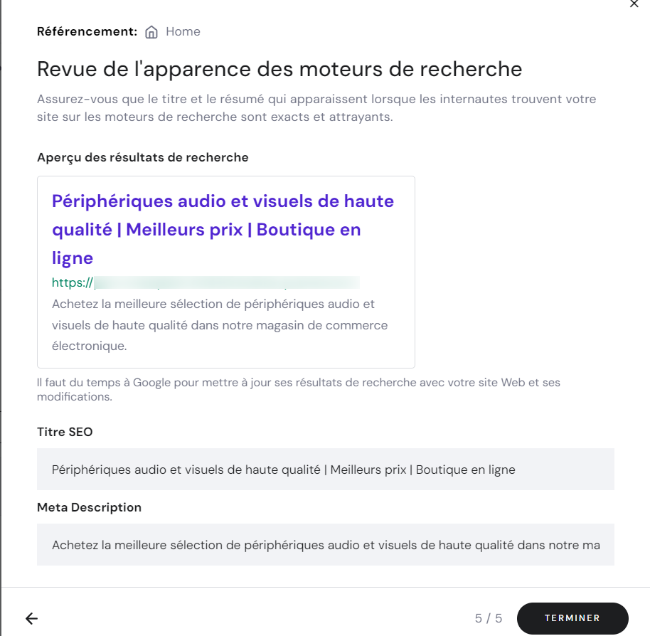 fenêtre pop-up de l'assistant de configuration SEO montrant l'écran Revue de l'apparence du moteur de recherche