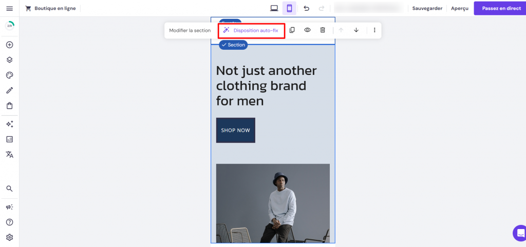 l'outil disposition auto-fix dans la vue mobile.
