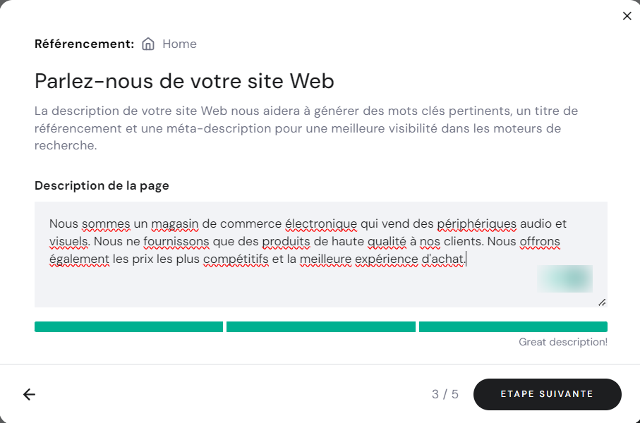 ﻿La fenêtre pop-up de l'assistant de configuration SEO