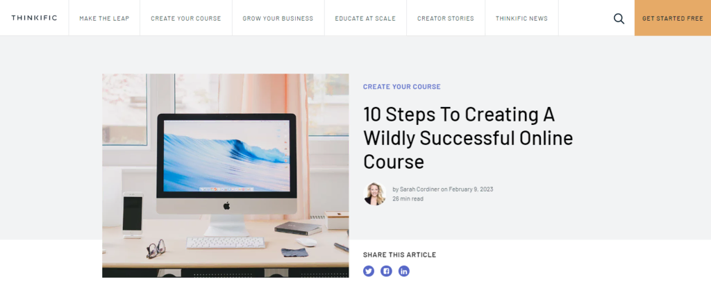 L'article "The 10 Steps to Creating a Wildly Successful Online Course" (Les 10 étapes pour créer un cours en ligne couronné de succès) sur le site web de Thinkific.