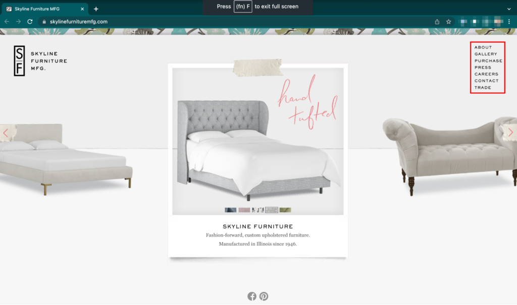 Site web statique de la marque de meubles Skyline Furniture MFG