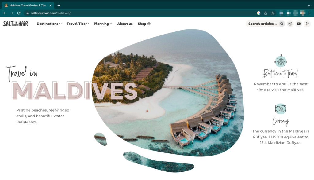 page principale d'un blog de voyage parlant des Maldives