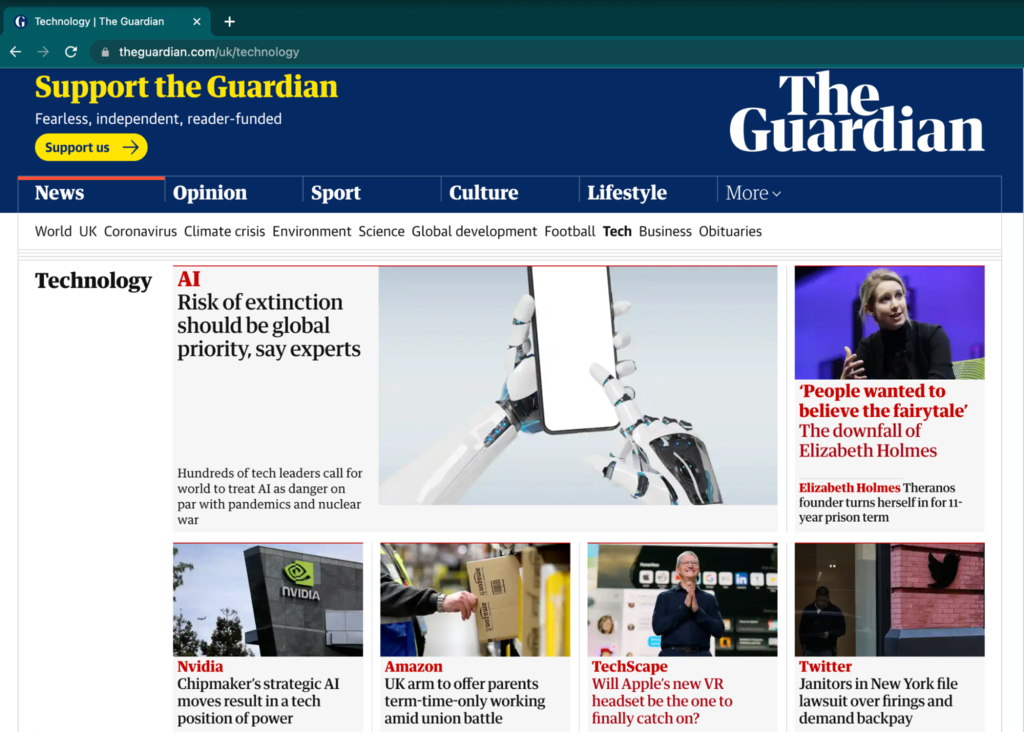 Page d'accueil du principal site d'information quotidien britannique, The Guardian